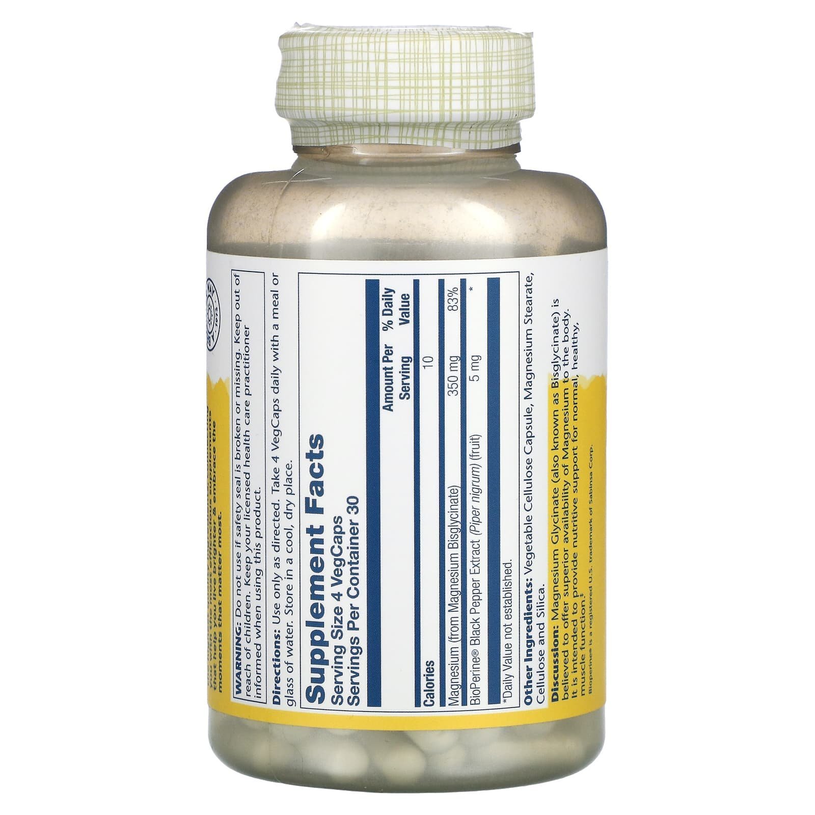 Solaray Glycinate de magnésium à haute absorption 350 mg – 120 capsules végétales – photo 2