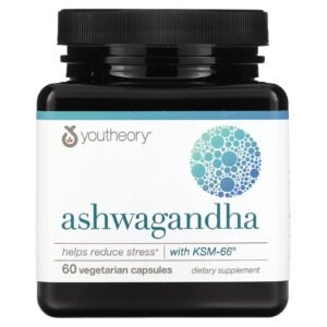 Youtheory Ashwagandha KSM-66 – 500 mg par capsule – 60 capsules végétariennes