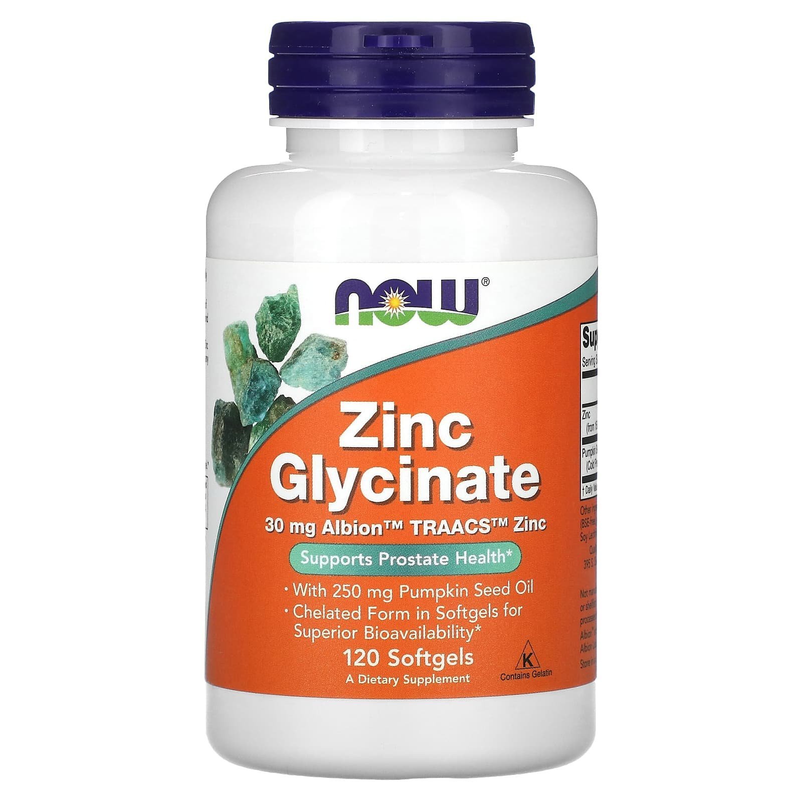 NOW Foods Glycinate de zinc 30 mg – 120 capsules à enveloppe molle