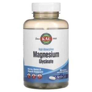 KAL Glycinate de magnésium à haute absorption – 90 capsules à enveloppe molle (105 mg par capsule)