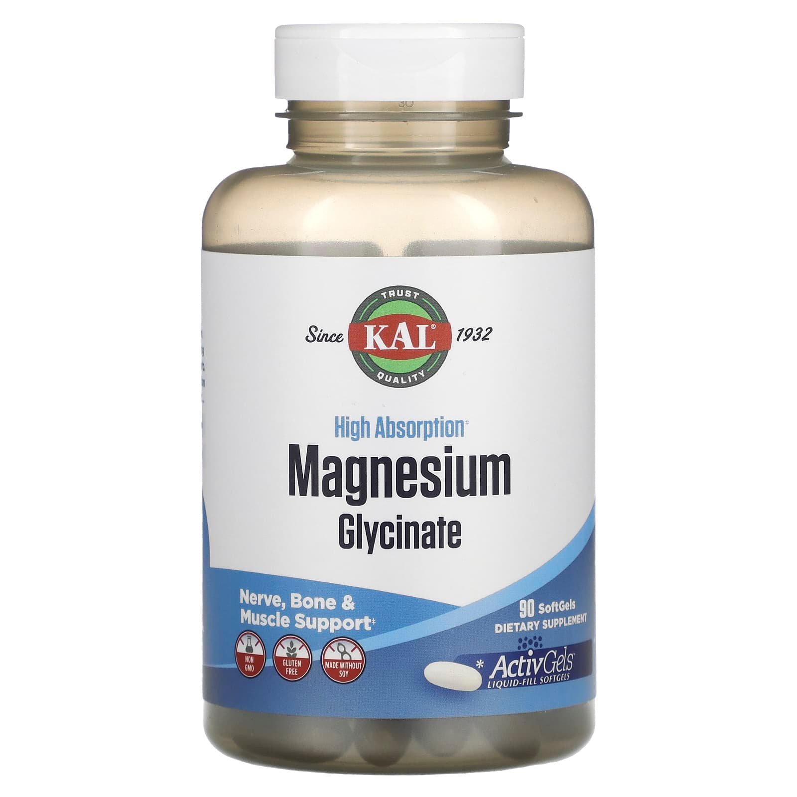 KAL Glycinate de magnésium à haute absorption – 90 capsules à enveloppe molle (105 mg par capsule)