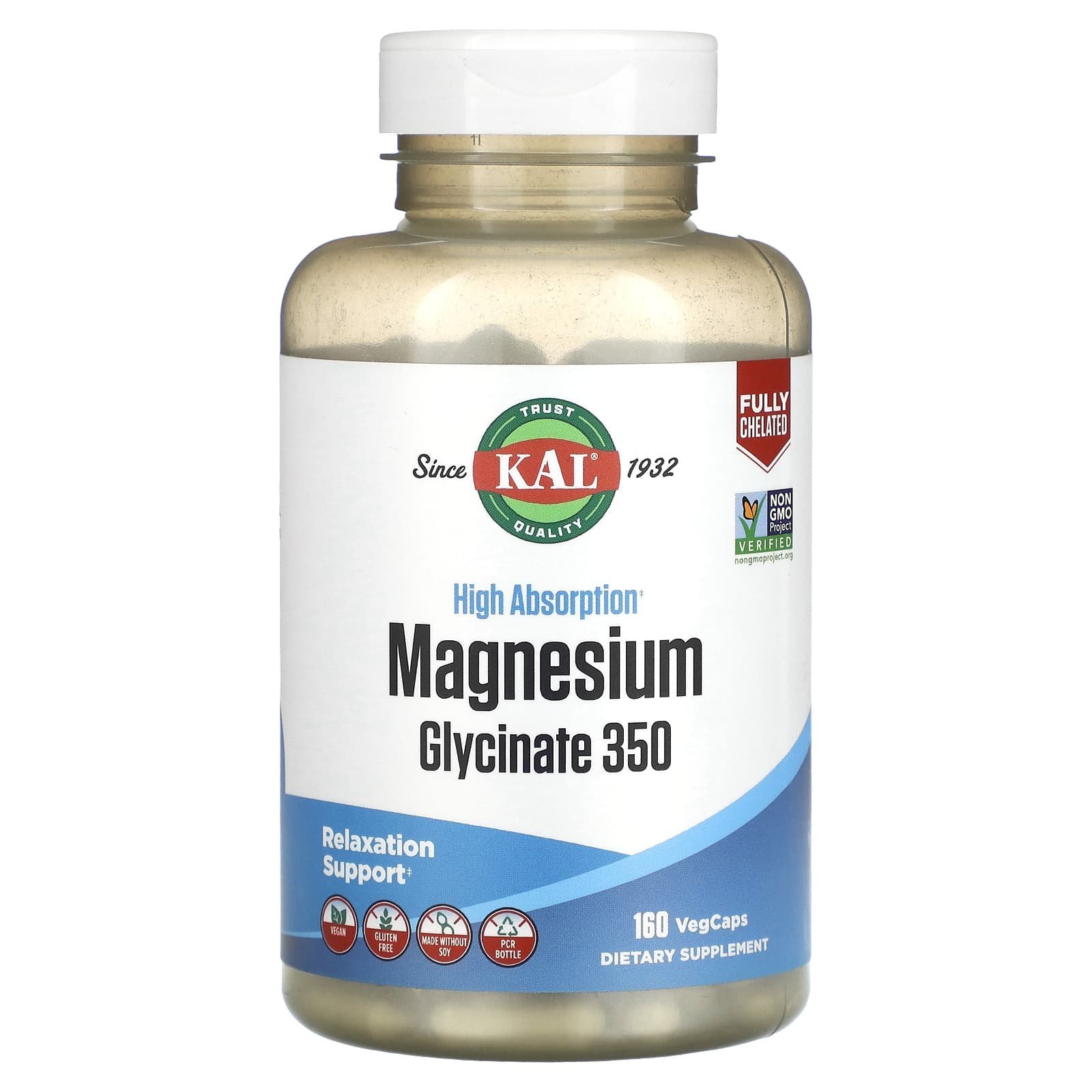 KAL Glycinate de magnésium à haute absorption 350 – 160 capsules végétales