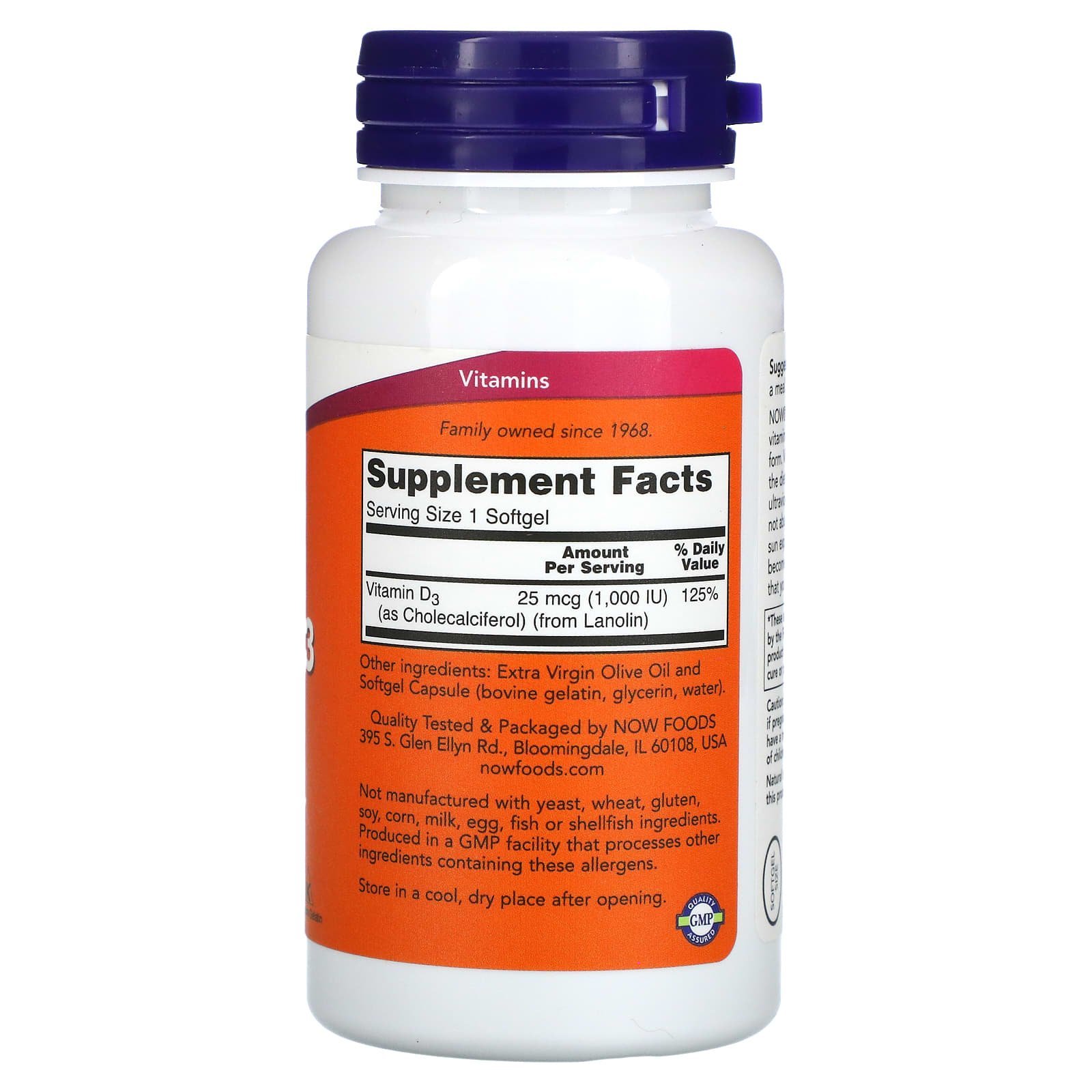 NOW Foods Vitamine D3 1000 UI – 180 capsules molles – photo 2