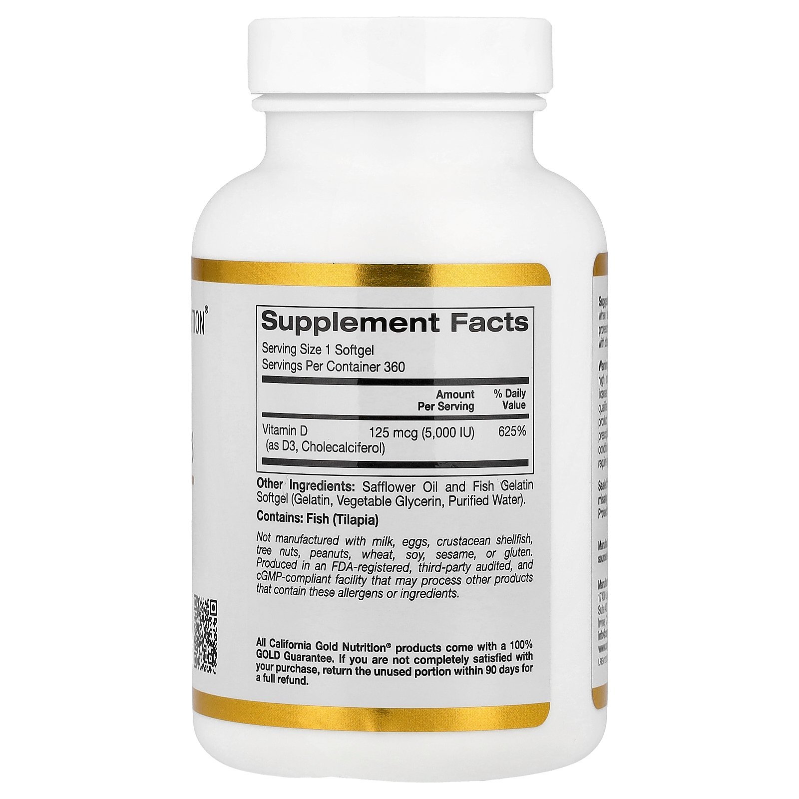 California Gold Nutrition Vitamine D3, 125 µg (5000 UI) – 360 capsules molles à base de gélatine de poisson – photo 2