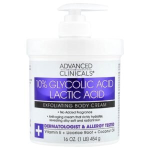 Advanced Clinicals Crème corps exfoliante 10 % acide glycolique + acide lactique – 454 g
