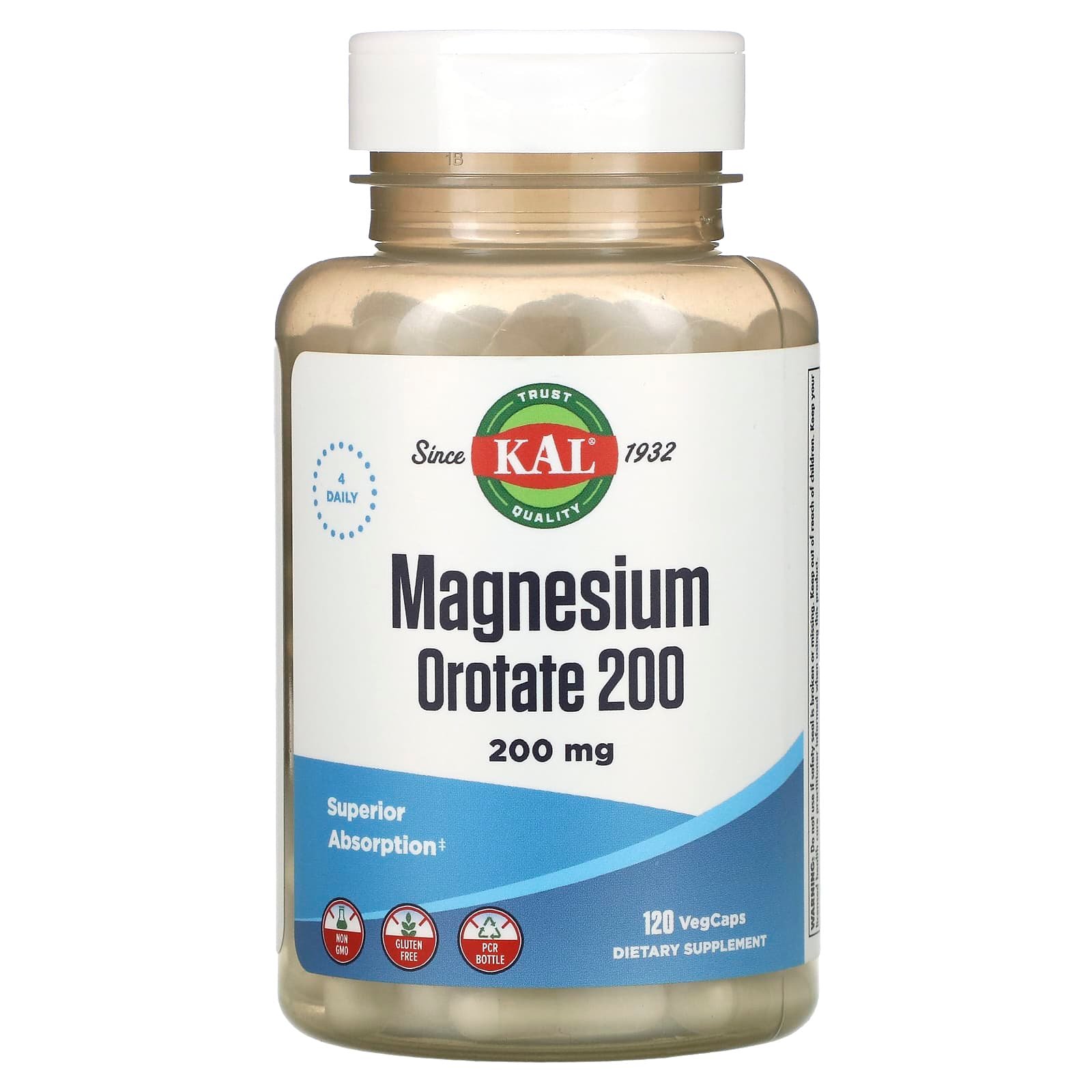 KAL Orotate de magnésium 200 – 200 mg – 120 capsules végétales (50 mg par capsule)