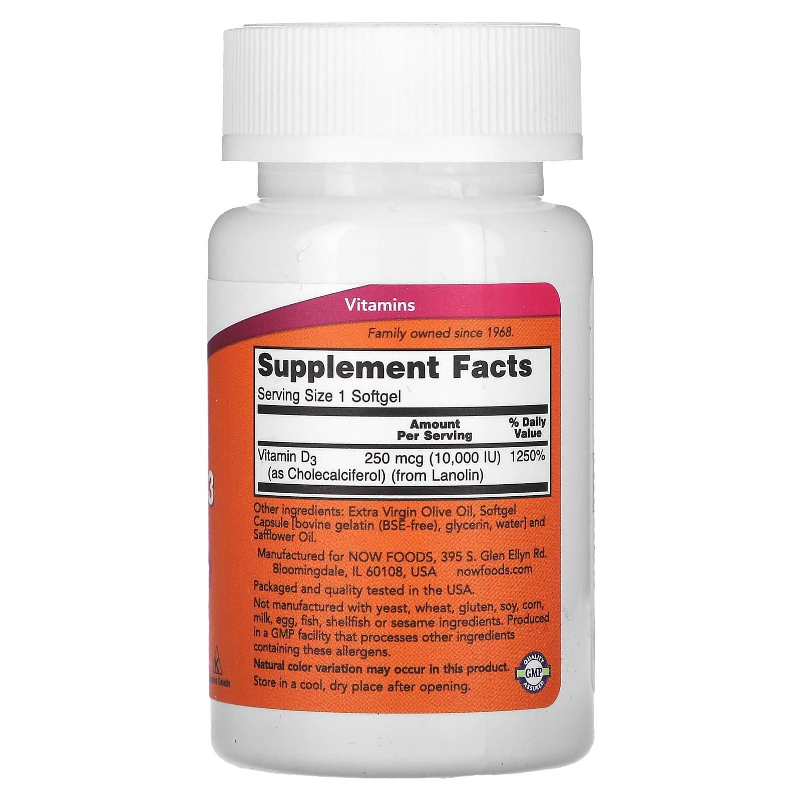 NOW Foods Vitamine D3 10 000 UI – 120 capsules molles – photo 2