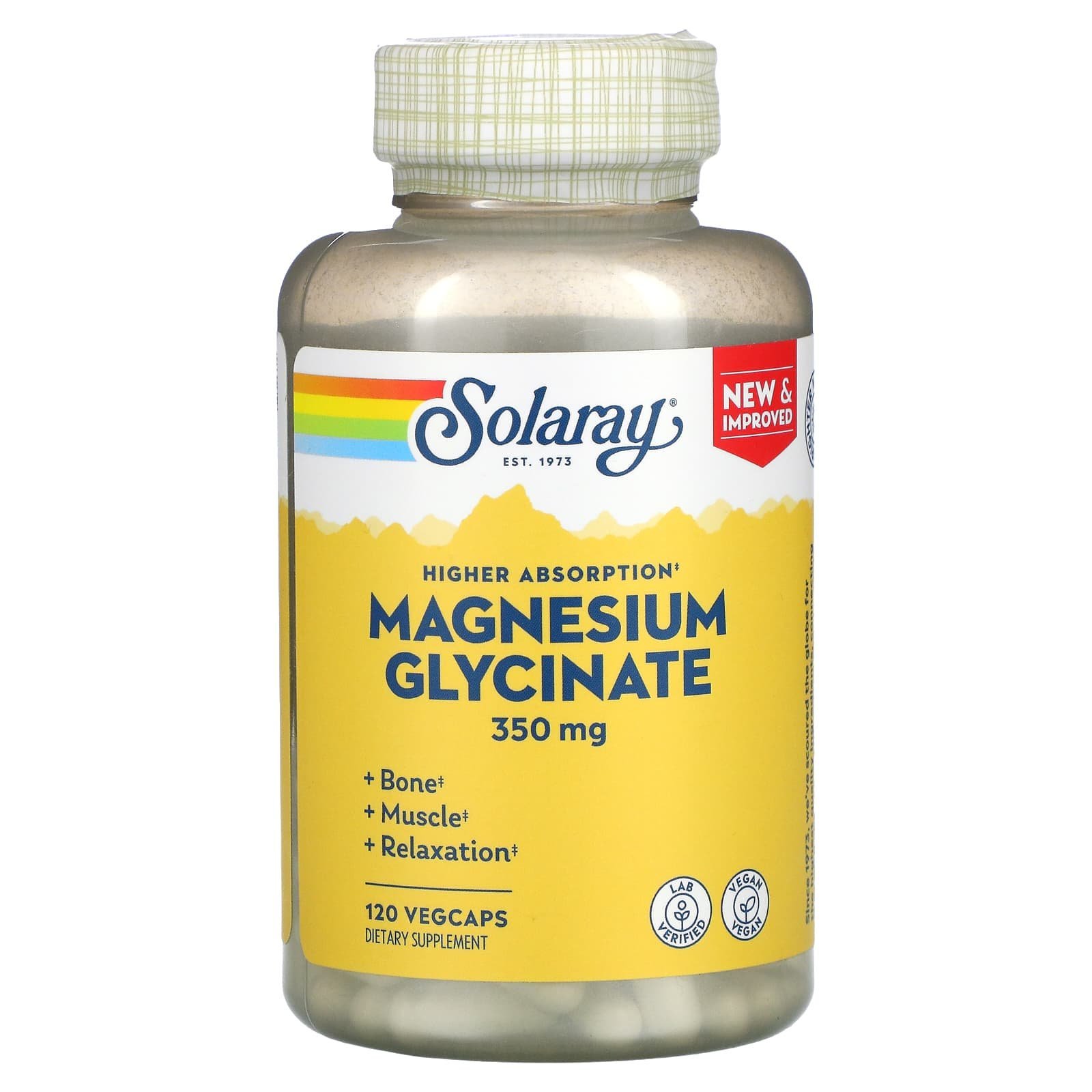 Solaray Glycinate de magnésium à haute absorption 350 mg – 120 capsules végétales