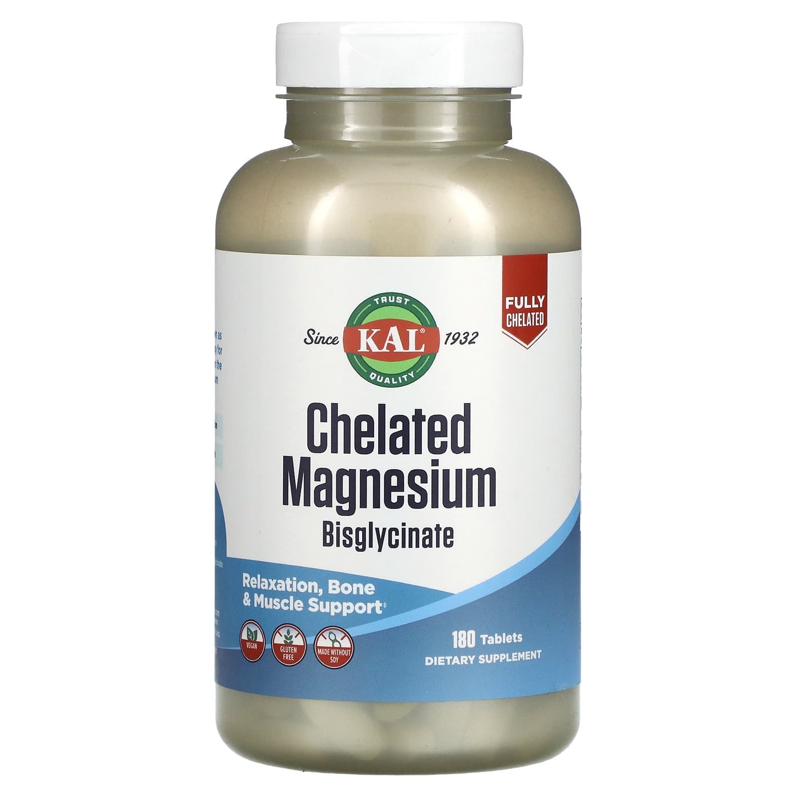 KAL Bisglycinate de magnésium chélaté – 180 comprimés (105 mg par comprimé)