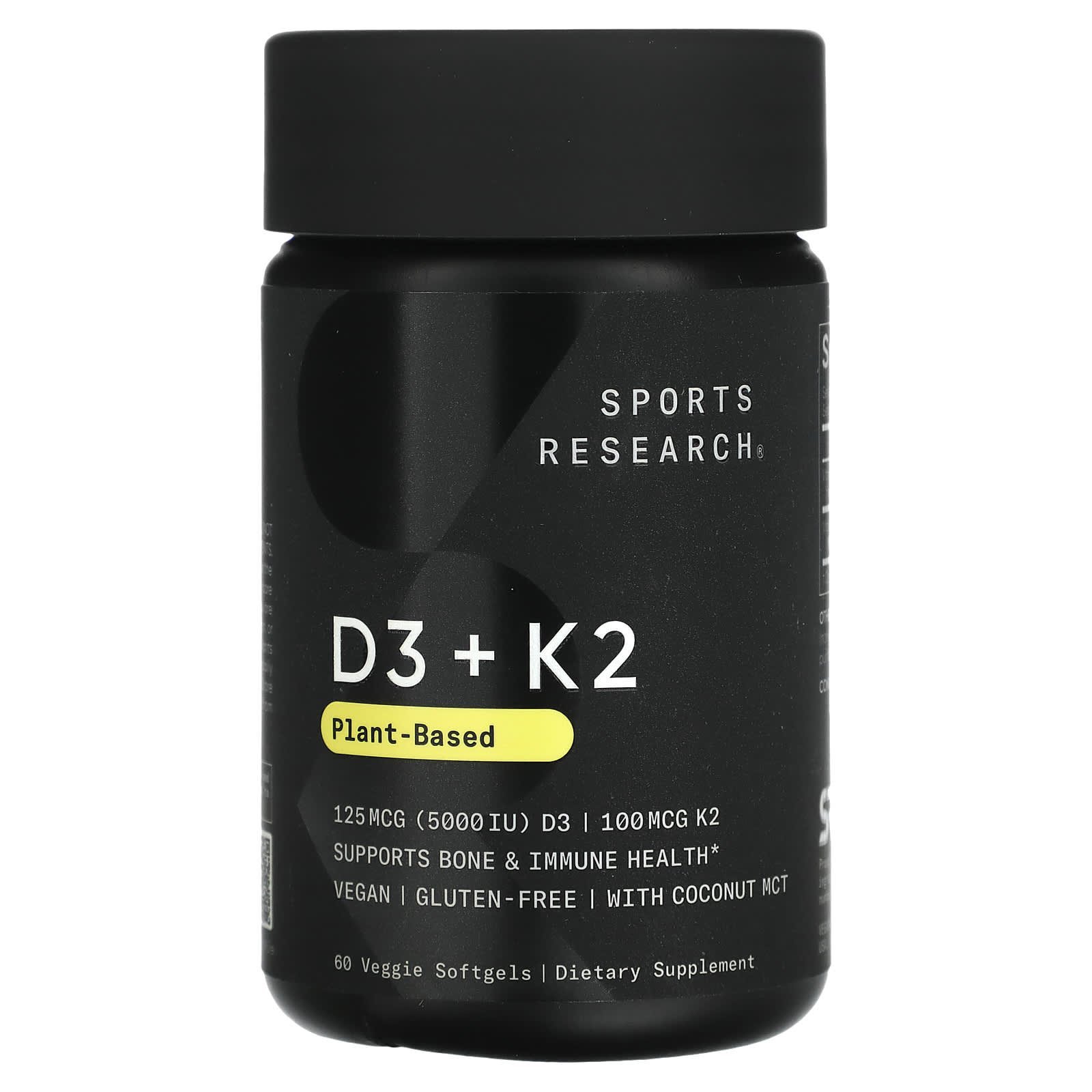 Sports Research Vitamines D3 + K2 d'origine végétale – 125 µg / 100 µg – 60 capsules végétariennes à enveloppe