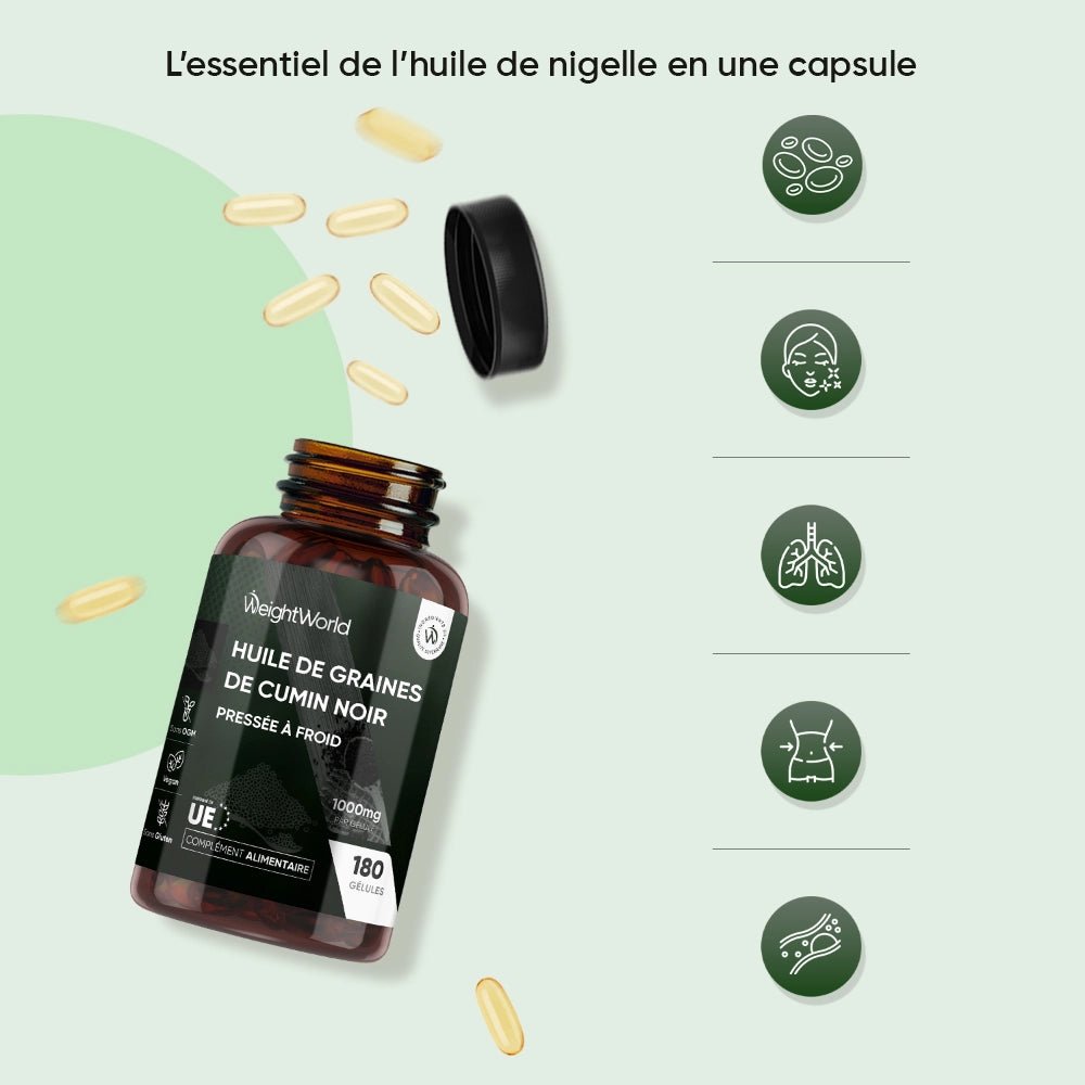 Huile de nigelle pressée à froid 1000 mg WeightWorld – 180 capsules molles – 2