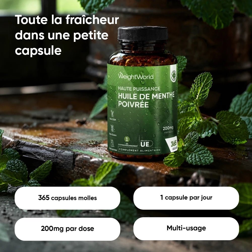 Huile de menthe poivrée 200 mg WeightWorld – 365 capsules molles – 2